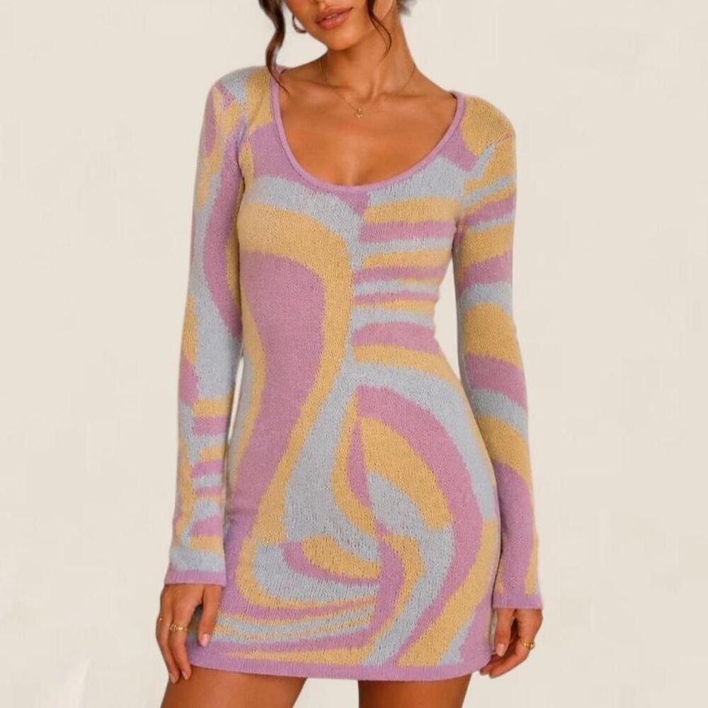 Revolve Superdown retro 70s groovy swirl knit mini dress size small